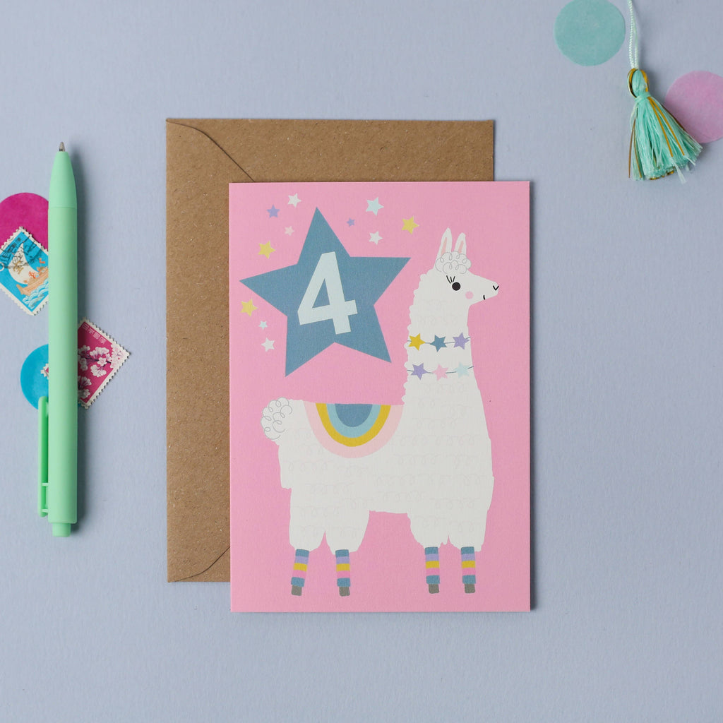 Mifkins - Age 4 Llama Kid's Birthday Card | Children’s Birthday Card