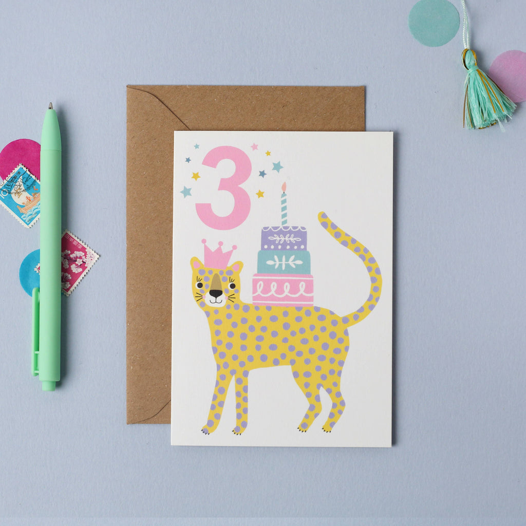 Mifkins - Age 3 Leopard Kid's Birthday Card | Children’s Birthday Card