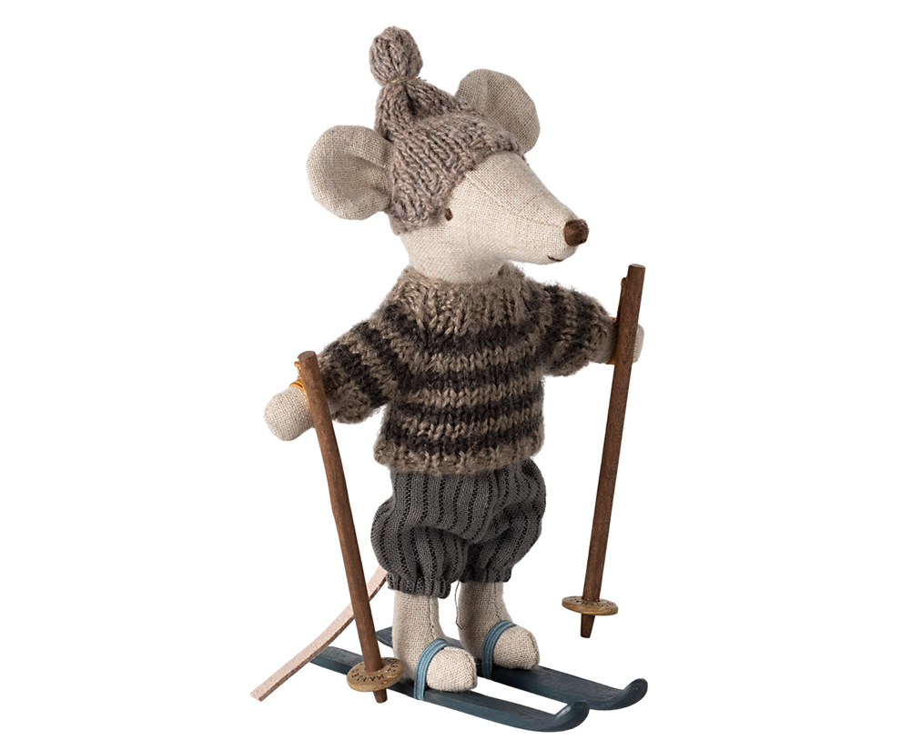 Maileg Winter Mouse with Ski Set, Big Brother- Grey