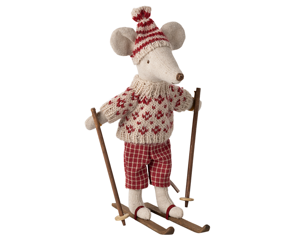 Maileg Winter Mouse with Ski Set, Mum- Red