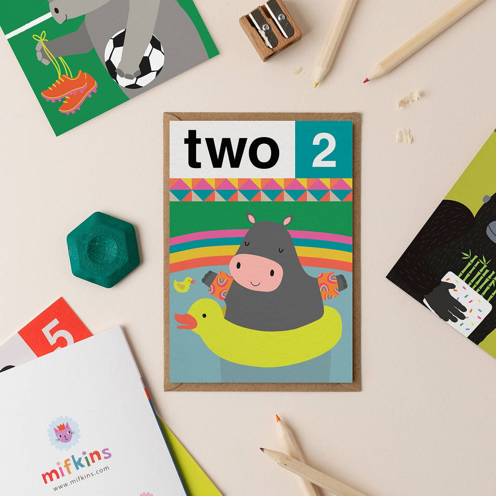 Mifkins - Hippo Two 2nd Birthday Card | Children’s Birthday Card