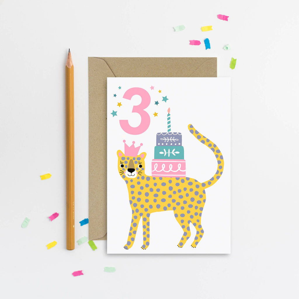 Mifkins - Age 3 Leopard Kid's Birthday Card | Children’s Birthday Card