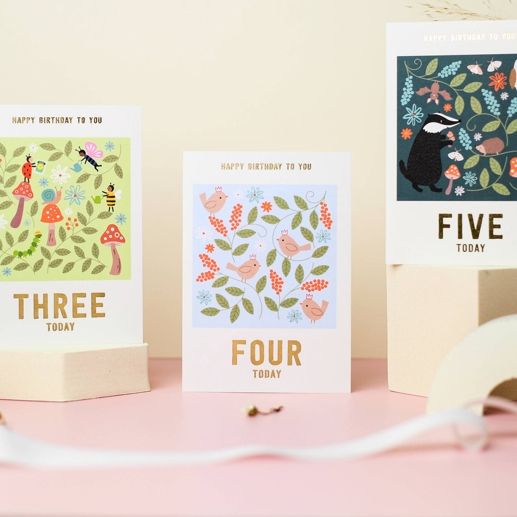 Mifkins - Birds 4th Birthday Card | Kid's Birthday Card  | Age Four