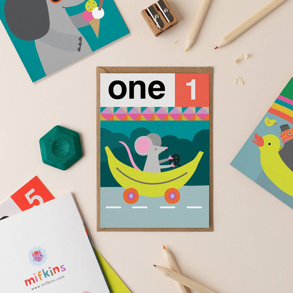 Mifkins - Mouse One 1st Birthday Card | Children’s Birthday Card