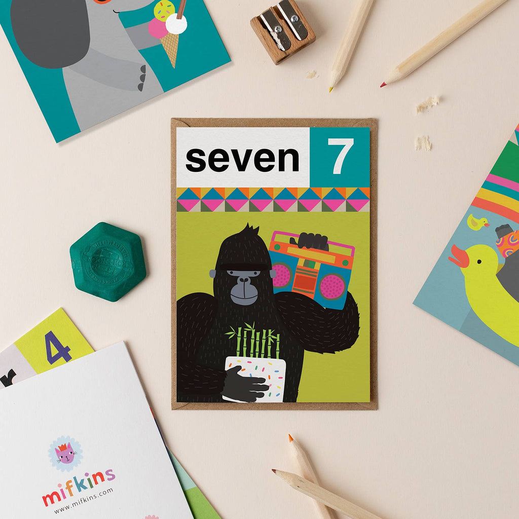 Mifkins - Gorilla Seven 7th Birthday Card | Children’s Birthday Card