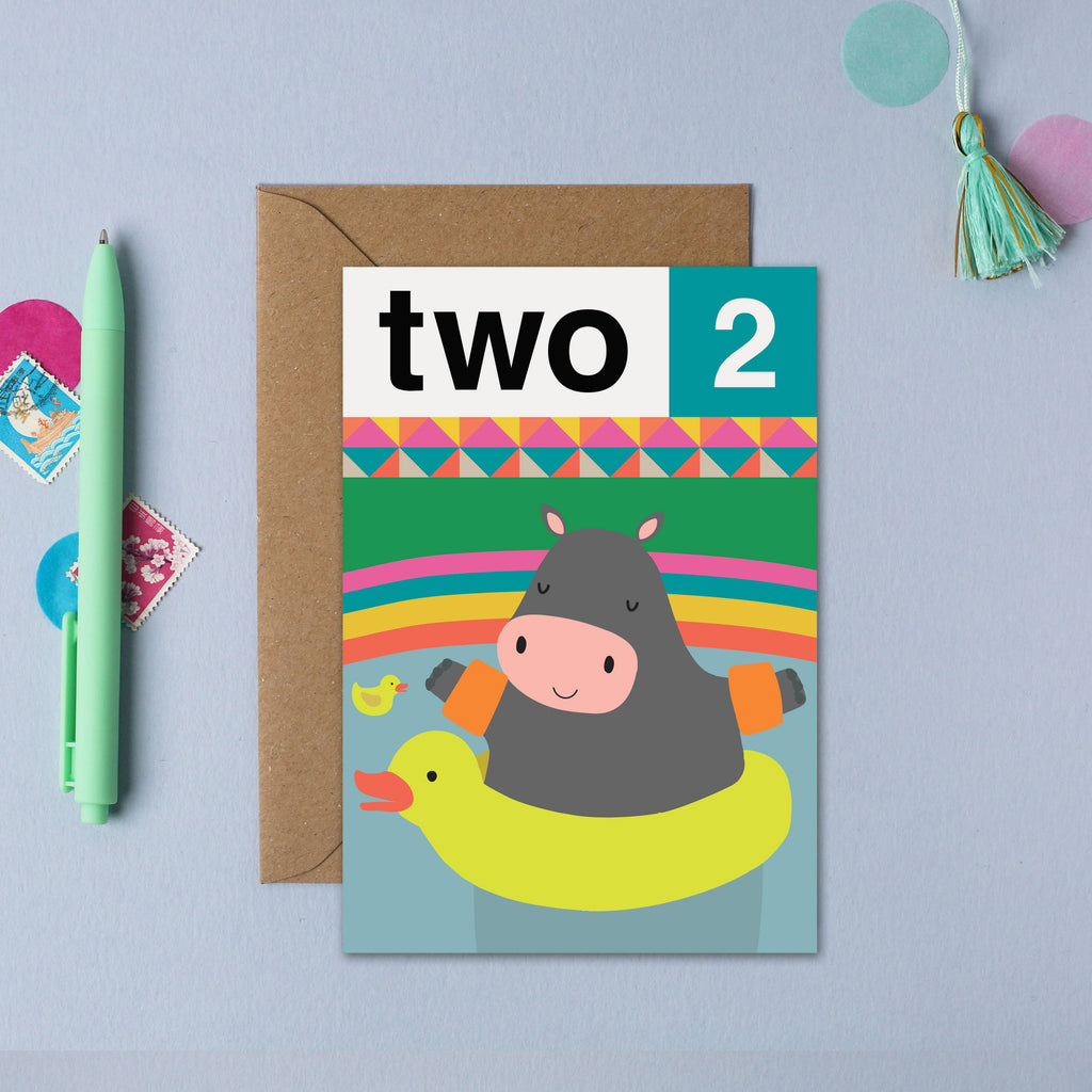 Mifkins - Hippo Two 2nd Birthday Card | Children’s Birthday Card