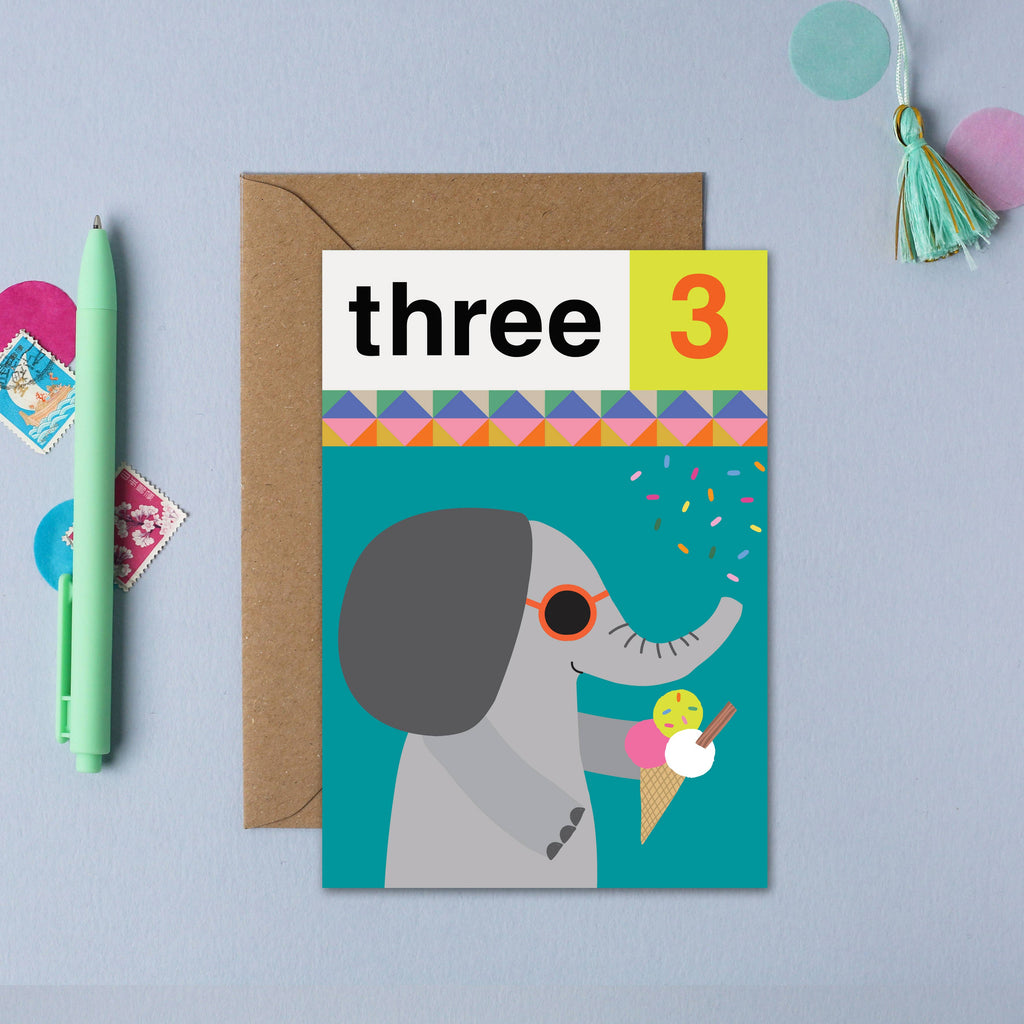Mifkins - Elephant Three 3rd Birthday | Children’s Birthday Card