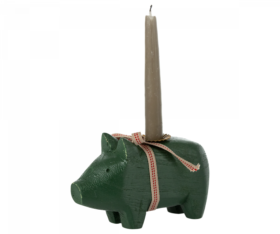 Maileg Wooden Pig Candle Holder Small Dark Green