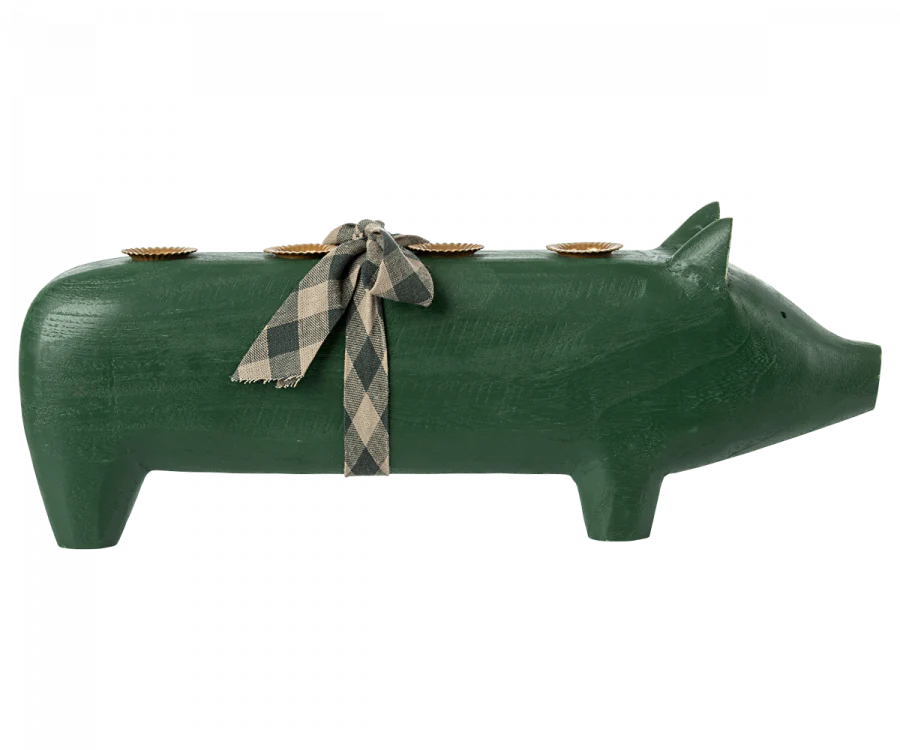 Maileg Wooden Pig Candle Holder Large Dark Green