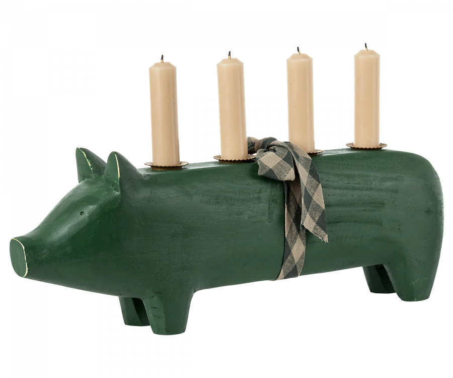 Maileg Wooden Pig Candle Holder Large Dark Green