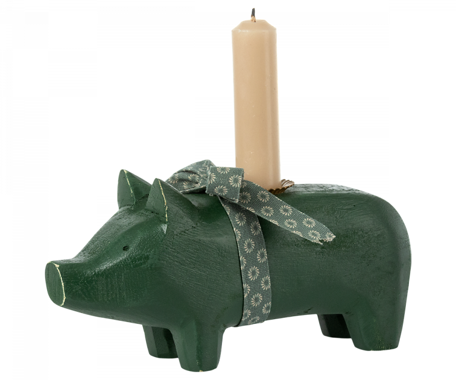 Maileg Wooden Pig Candle Holder Medium Dark Green