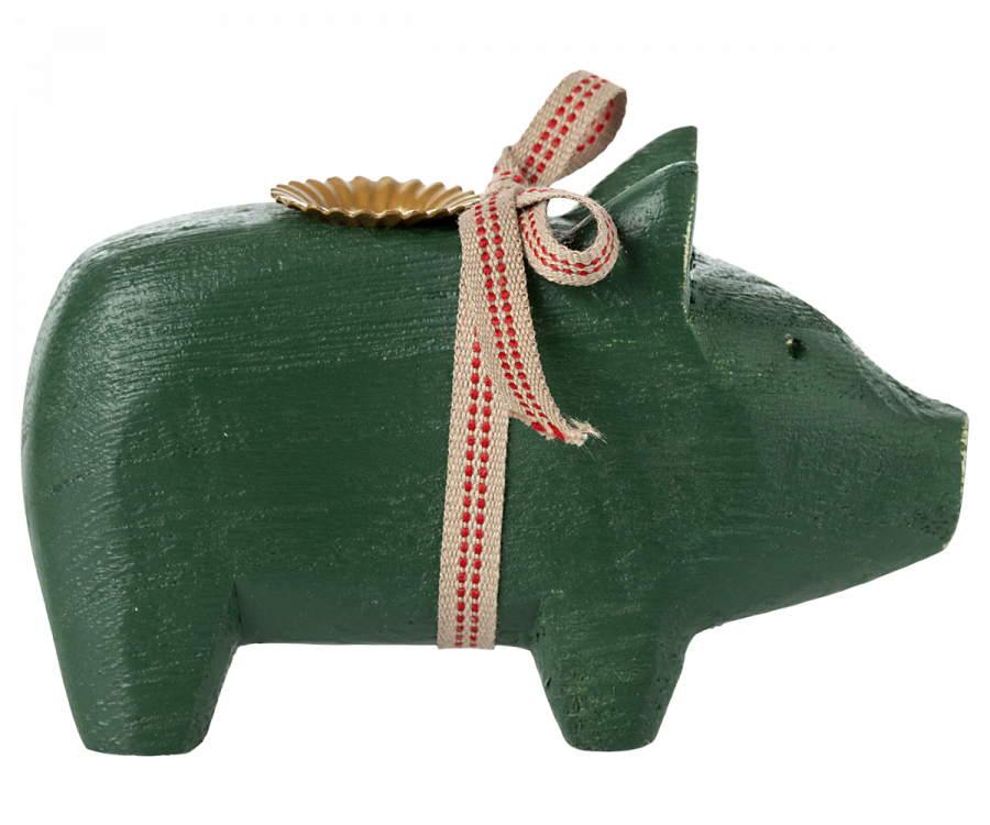 Maileg Wooden Pig Candle Holder Small Dark Green