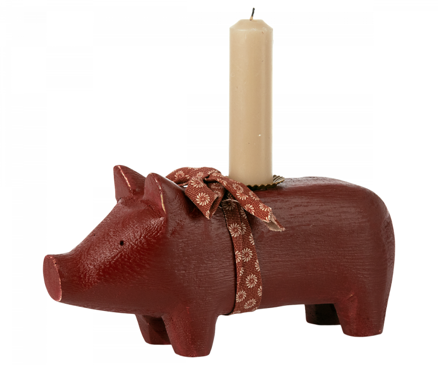 Maileg Wooden Pig Candle Holder Medium Red