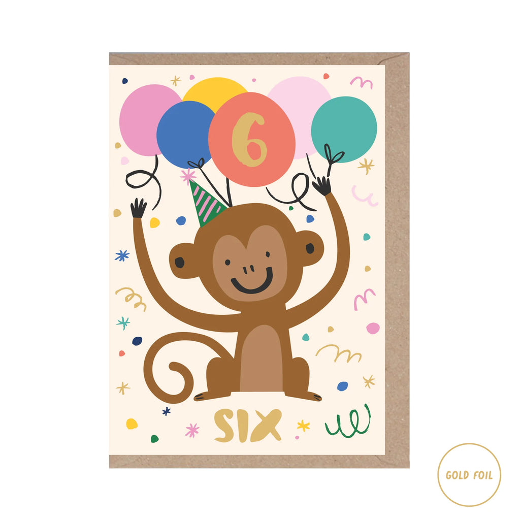 Rumble Cards 6 Years Old Birthday Card - Monkey (Foiled)