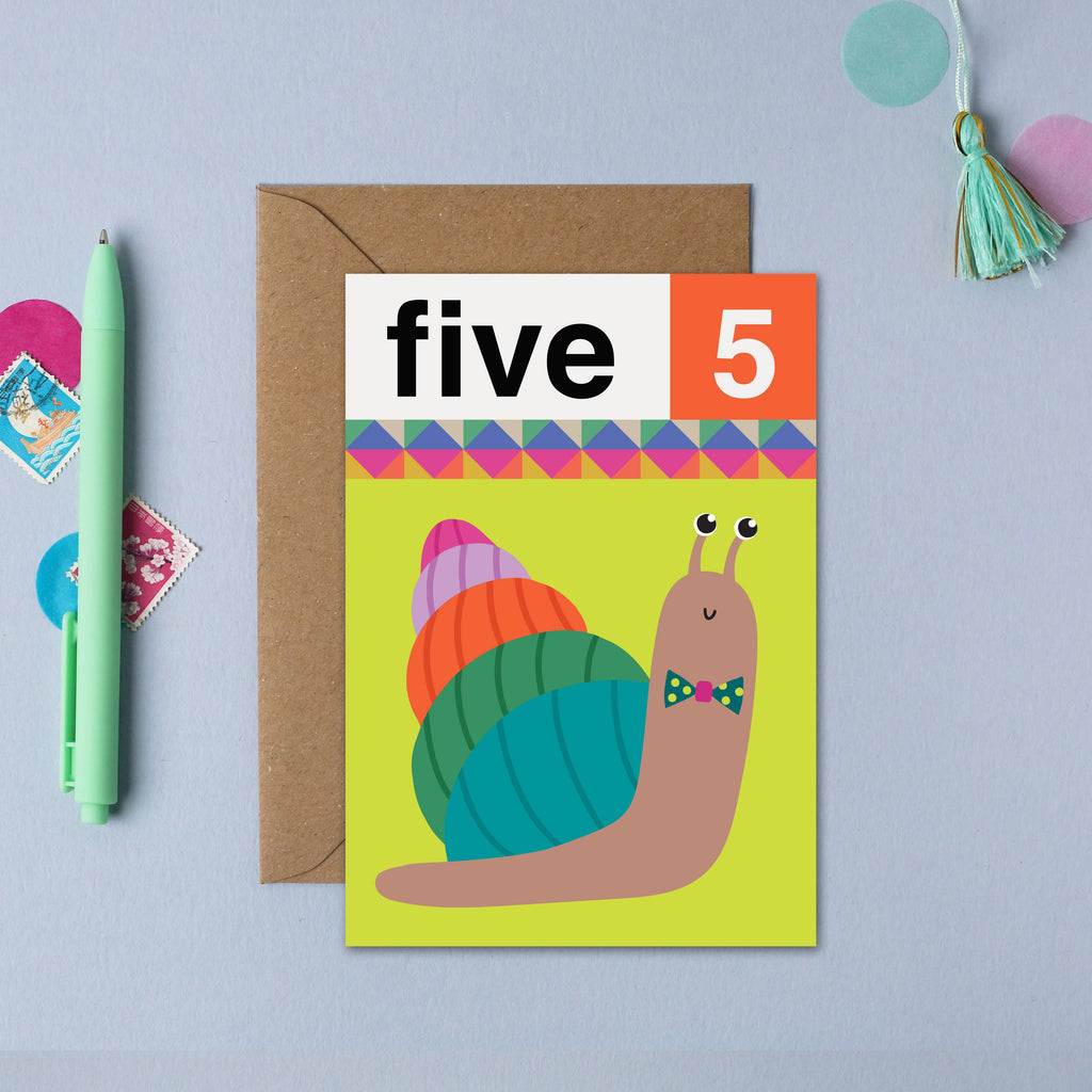 Mifkins - Snail Five 5th Birthday Card | Children’s Birthday Card