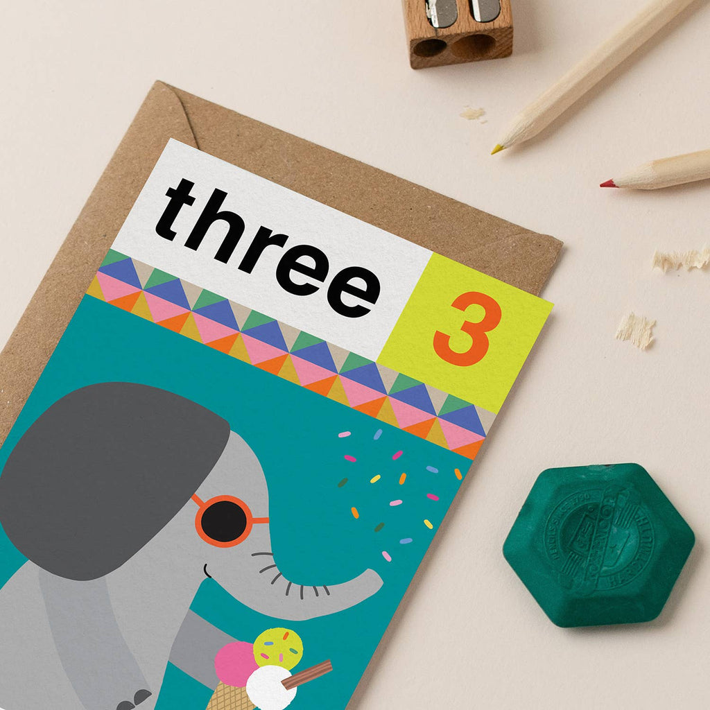 Mifkins - Elephant Three 3rd Birthday | Children’s Birthday Card