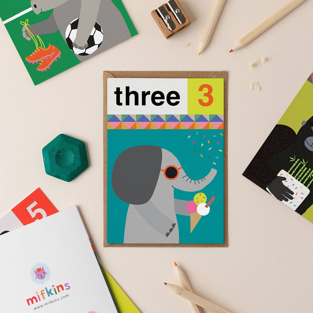 Mifkins - Elephant Three 3rd Birthday | Children’s Birthday Card