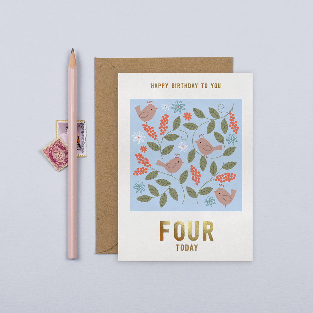 Mifkins - Birds 4th Birthday Card | Kid's Birthday Card  | Age Four